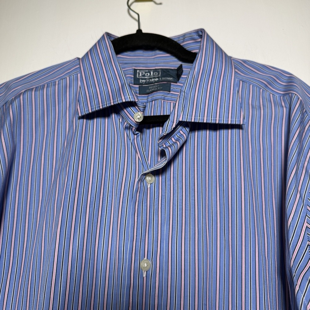 Polo Ralph Lauren Shirt Mens 18 34-35 Blue Striped Button Up Regent Fit